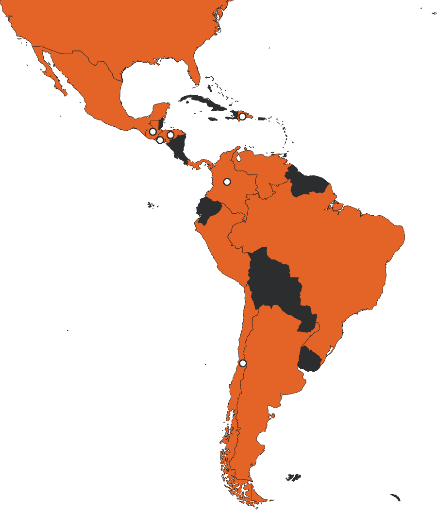 Mapa de América con los 13 países donde TResearch ha levantado estudios y las elecciones que ha medido